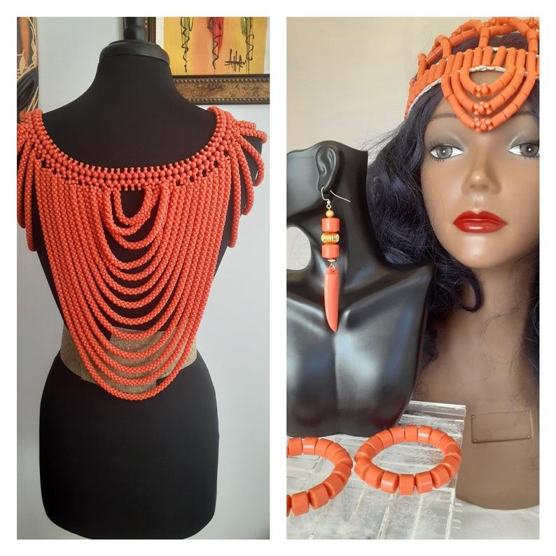 CORAL WEST AFRICAN Beaded Blouse, Crown, Bracelet, and earring set