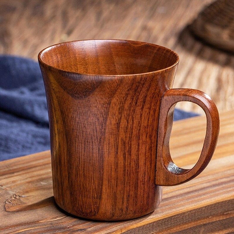 280ml Handmade Wooden Coffee Mug Tea Cup with Handle Wood Retro Beer Mug Coffee Solid Wood Cups and Mugs Home Office Natural Eco Friendly