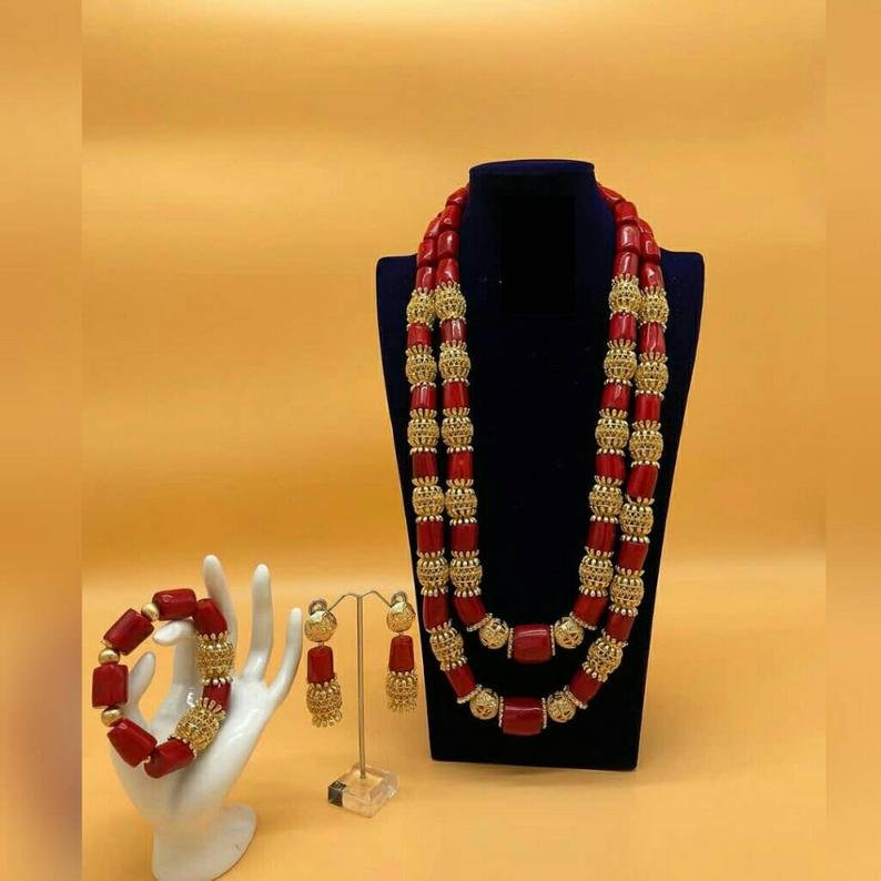 Long Bridal Jewelry for African Wedding, Gold or Silver option and Coral Beads Set for Nigerian Bride, Yoruba/Edo Brides/Ibo Brides