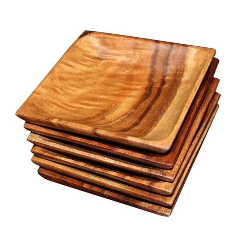 6 piece 1x6x6 inches Wooden Square Acacia Plate Set